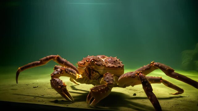 Large Red King Crab Paralithodes camtschaticus resting on sandy seabed with atmospheric green underwater lighting