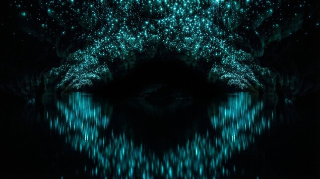 Glowworm Cave Reflection - Bioluminescent Galaxy On Ceiling Reflected In Still Black Water