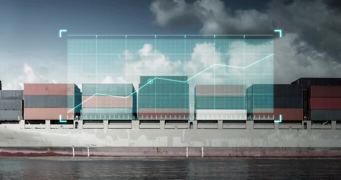 Cargo containers on container ship in ocean, overlaid with animated upward graph. Represents global trade growth, international shipping. Ideal for import export and economic analysis concepts.
