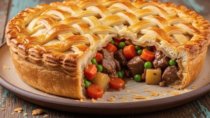 Beef Vegetable Pot Pie Golden Flaky Crust Rustic Plate