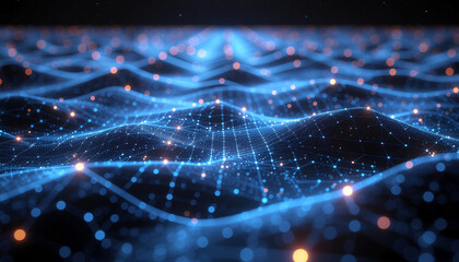 Abstract visualization of a glowing digital network with interconnected nodes and flowing data streams.