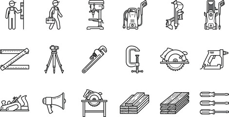 Carpentry and workshop line icons set, woodworking tools, builder equipment, repair machinery, construction industry, handyman services, vector illustration