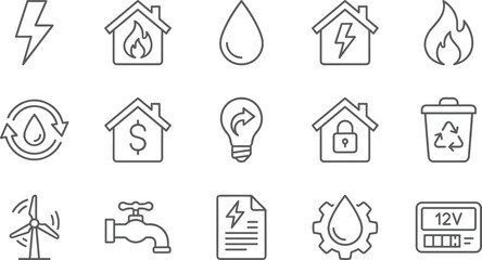 Smart home energy and utility line icons set, electricity water fire recycle security vector illustration collection pack