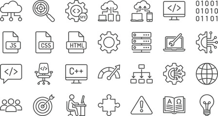 Software development and coding line icons set, cloud network programming html css javascript vector outline illustration collection