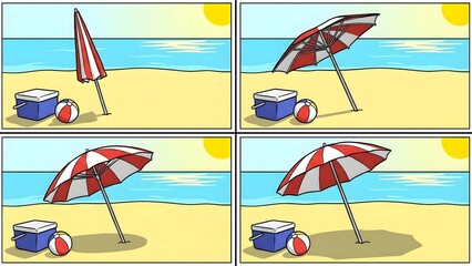 Beach Scene with Umbrella and Cooler in Sunny Weather.