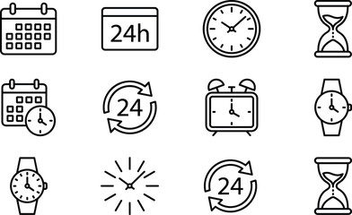 Time management line icon set, calendar, clock, 24h service, alarm, deadline, schedule, productivity, business planning, vector illustration for web design