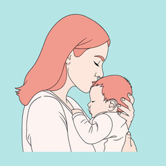 Mother gently kissing her sleeping baby on the forehead.