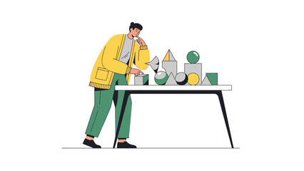 Man Pondering Geometric Shapes on Table Exploring Concept of Problem-Solving
