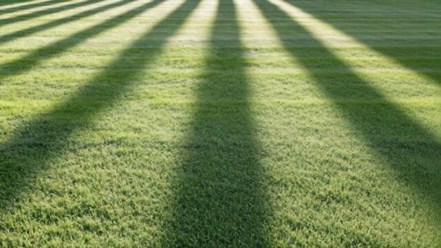 Sunlit green lawn with long striped shadow patterns across grass creating calm tranquil pattern