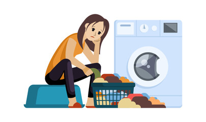 tired household girl. young tired girl washing dishes, having stress loaded with household duties. doing housework, sorting laundry. vector cartoon concept illustration.