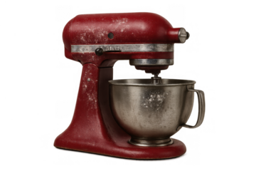 Red stand mixer covered in flour, a classic kitchen appliance ready for baking and cooking tasks