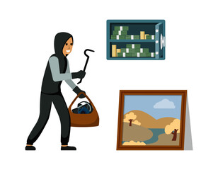 burglary character. thief criminal character doing robbery, cartoon concept illustration, stolen things. vector cartoon flat graphics.