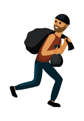 robber character. burglary cartoon concept illustration, thief criminal character doing robbery, stolen things. vector cartoon flat graphics.