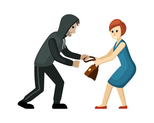 robber character. cartoon burglary thief, criminal character doing violent robbery, stolen things. vector cartoon flat graphics.