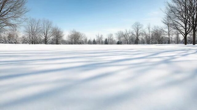 Snow field with bare tree silhouettes under clear blue sky casting long winter shadows