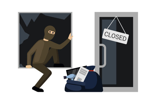 Fototapeta criminal character. thief criminal character doing robbery, burglary cartoon concept illustration, stolen things. vector cartoon illustration.