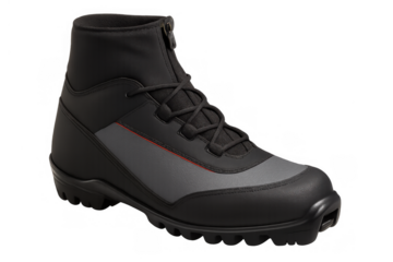 Black and gray cross-country ski boot with laces and zipper, winter sport footwear equipment isolated