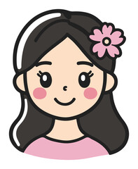 Cute cartoon girl avatar with a flower in her hair. Kawaii character face vector illustration.