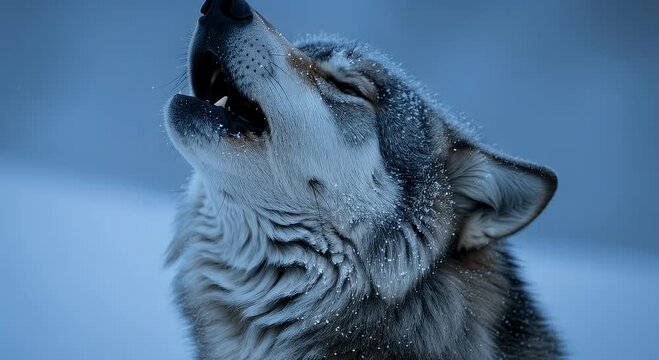 Lone wolf howling at dusk against a snowy landscape