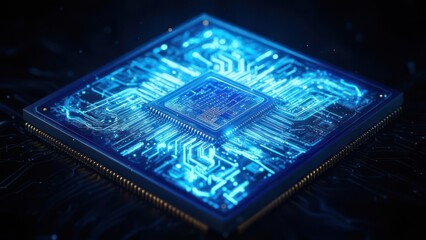 Close-up of a glowing computer chip.  Detailed circuitry and central processor illuminated in vibrant blue