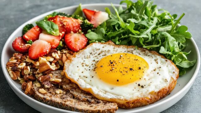 Sunny fried egg toasted multigrain toast with strawberry salad, arugula, mixed nut crunch and fried