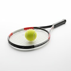 A tennis racket with a bright yellow ball resting on its strings, emphasizing the sport's equipment for play and competition.