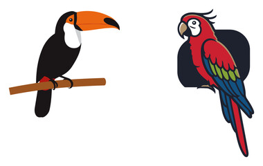 Set of exotic birds icons. Toucan and macaw parrot tropical animal vector illustrations.