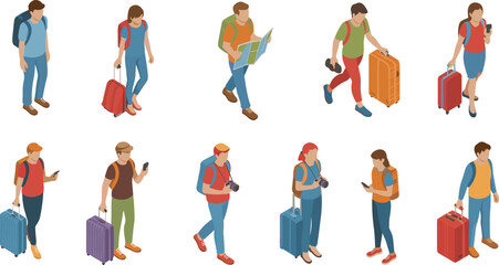 Isometric travel people illustration set, tourists with backpacks and luggage, navigation map usage, smartphone travel concept, modern flat character design