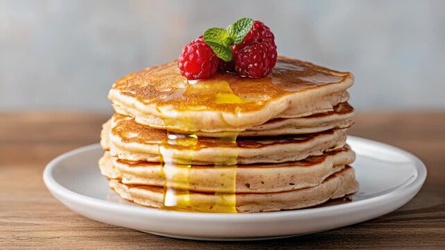 Fluffy pancake stack with syrup pouring, raspberry garnish and mint for warm breakfast indulgence