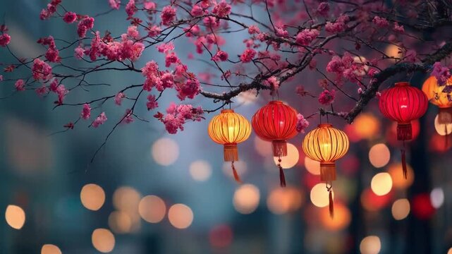 Cherry blossoms fringe a night street as warm lanterns glow casting soft, amber orbs on a hazy city