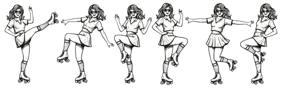 Hand-drawn set of six young women posing dynamically on roller skates, wearing vintage 1970s disco-style shorts/skirts and sunglasses. Retro sketch style for leisure/hobby.