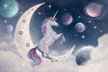 Dreamy Galaxy Unicorn Sitting on a Cliff at Night, Magical Unicorn with Starry Fur and Crescent Moon