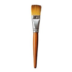 A close-up view of a high-quality paintbrush with a wooden handle and synthetic bristles. isolated on a white background. ideal for art supplies or DIY projects