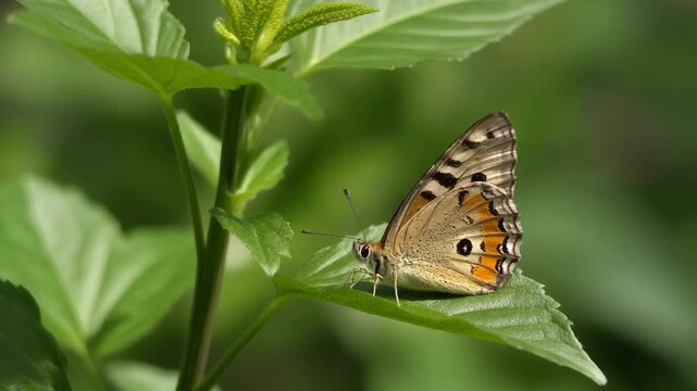 A beautiful brown and orange butterfly with an eyespot resting on a vibrant green leaf in nature.