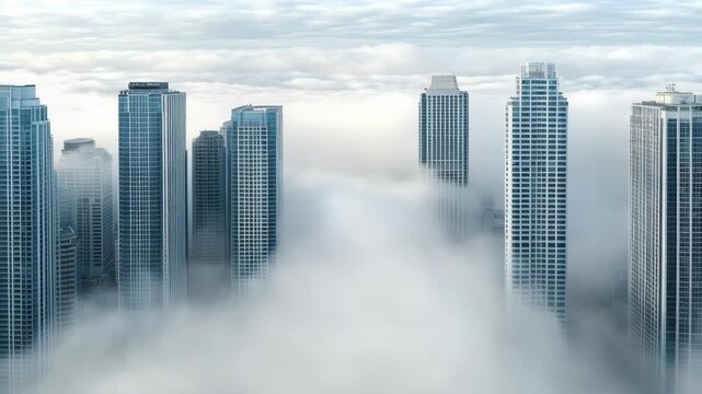 Skyscraper tower emerging through morning fog into serene city skyline, misty urban highrise vista