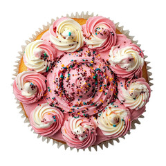 A beautifully decorated round cake topped with swirls of pink and white frosting. adorned with colorful sprinkles. set against a clean white background. perfect for celebrations or dessert photography