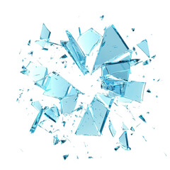 A dynamic explosion of blue glass shards scattered in all directions against a white background. illustrating the concept of fragility and destruction. ideal for use in design and artistic projects