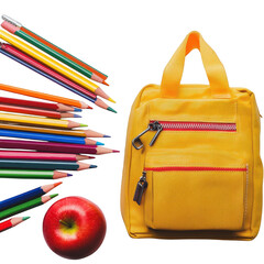 A yellow backpack sits beside a shiny red apple and a colorful array of pencils. creating a cheerful study environment perfect for school-related themes and educational materials
