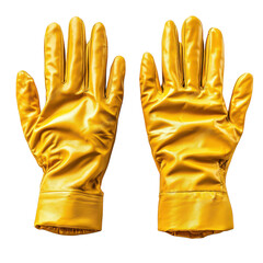 A pair of yellow rubber gloves placed symmetrically on a clean white background. ideal for cleaning or gardening tasks. emphasizing protection and utility in domestic or professional settings