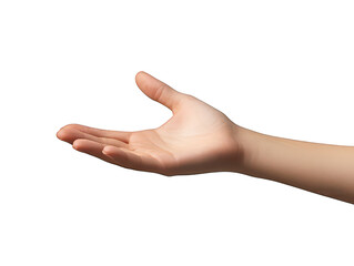 A close-up of an outstretched human hand against a plain white background. symbolizing openness and invitation. ideal for concepts of communication or assistance