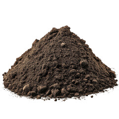 A close-up view of a freshly piled mound of dark. rich soil. its texture and composition. set against a clean white background. ideal for gardening. landscaping. or agricultural themes
