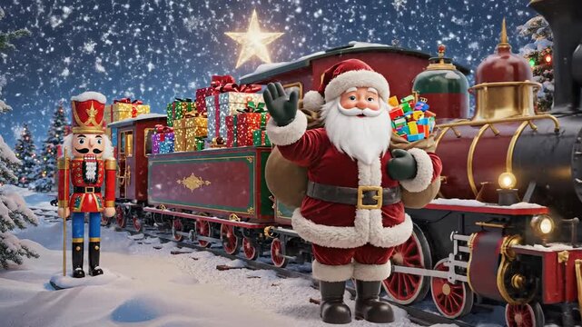 Festive train journey through snowy landscape with nutcrackers and decorated trees