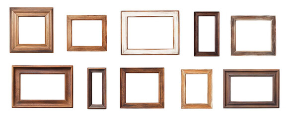A collection of various wooden picture frames in different styles and sizes arranged neatly on a white background. ideal for art or photographs in home decor