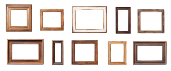 A collection of various wooden picture frames in different styles and sizes arranged neatly on a white background. ideal for art or photographs in home decor