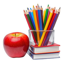 A arrangement of colored pencils in a glass jar beside a shiny red apple. resting on top of stacked books. creating a cheerful and educational atmosphere suitable for school-related themes