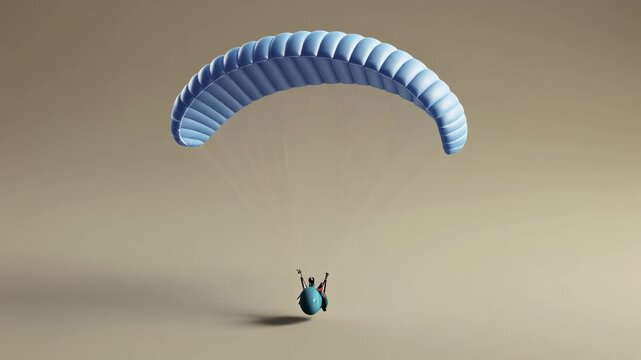 A lone paraglider with a bright blue canopy soaring against a minimalist, light brown background.
