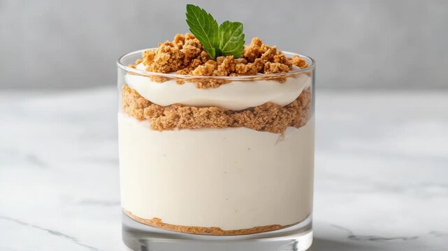 Creamy vanilla dessert parfait with cheesecake cream, cookie crumble and mint garnish for dessert