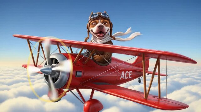 Joyful dog pilot soaring through clouds in a vintage red biplane