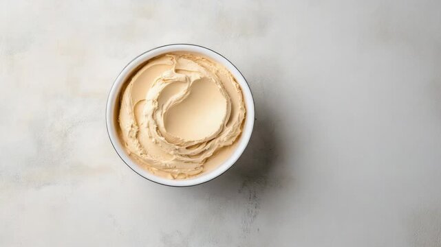 Creamy peanut butter spread bowl light surface smooth texture warm tone snack creamy smooth texture