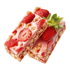 Delicious strawberry-flavored snack bars with a glossy pink coating and fresh strawberries on top. placed on a clean white background. ideal for healthy eating promotions